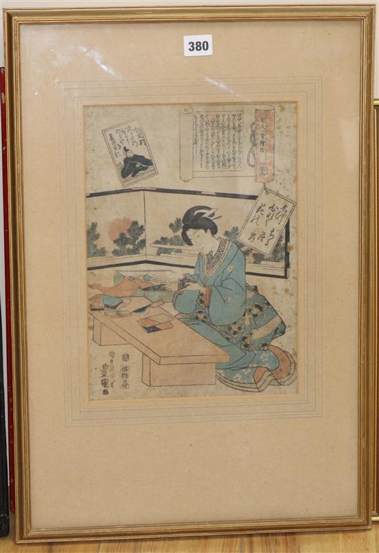 Japanese School, woodblock print, woman at a desk, 33 x 23cm and two other pictures